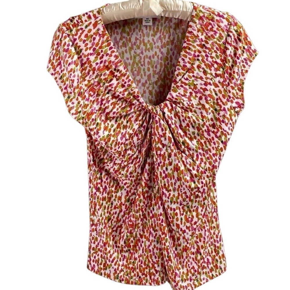 Josephine Studio Women’s  Ruched Knotted Vneck Blouse Petite Medium Multicolor